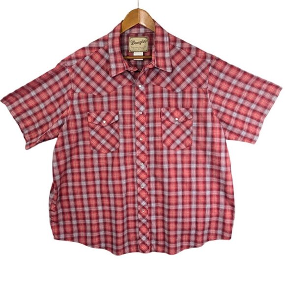 Wrangler Western Shirt Mens 2XL Pearl Snap Red Plaid Short Sleeve Pockets Rodeo - Picture 1 of 11